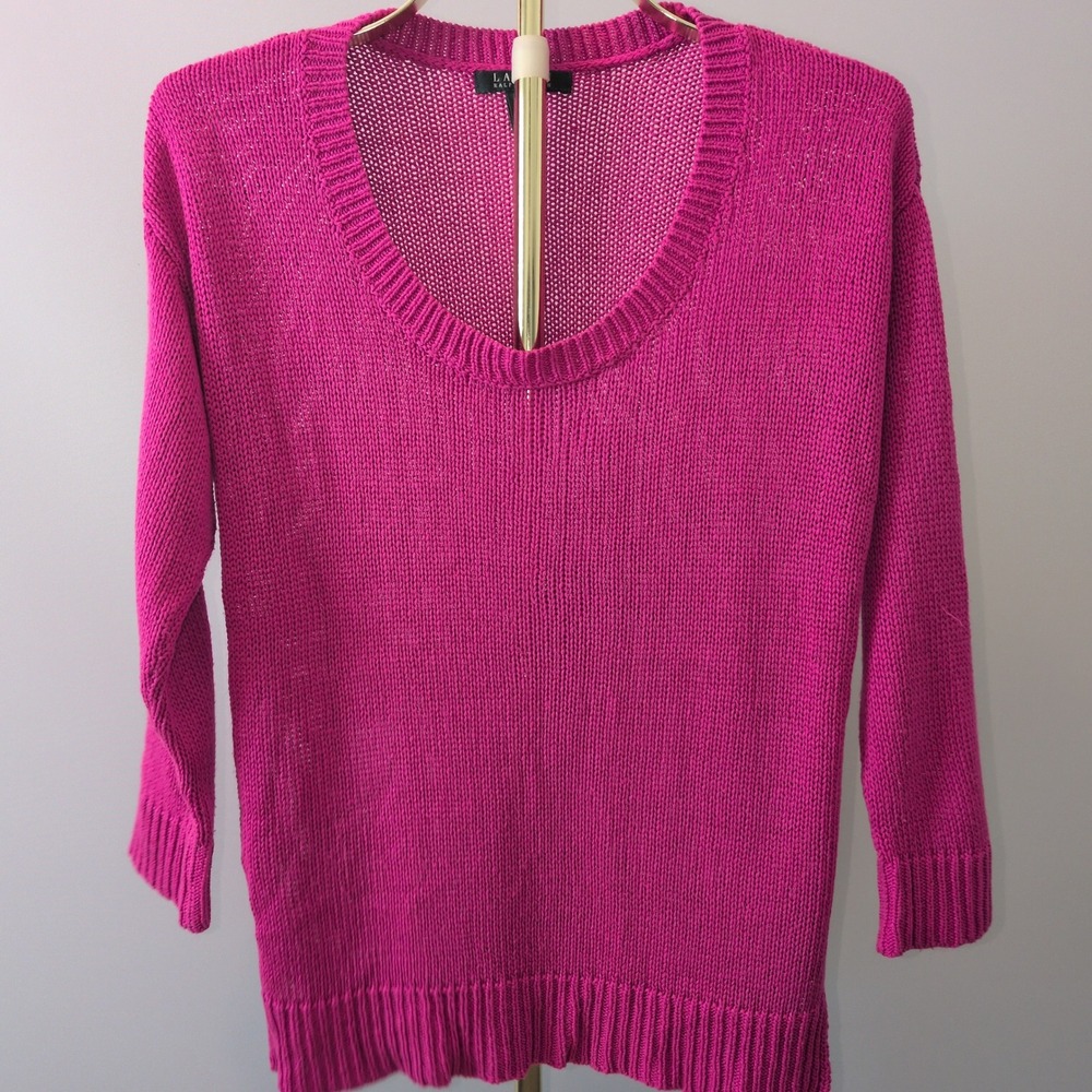 Lauren Ralph Lauren Sweater Womens Large Magenta Pink Scoop Neck Open Knit Slit